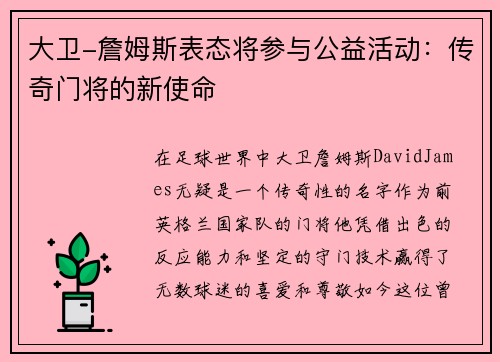大卫-詹姆斯表态将参与公益活动：传奇门将的新使命